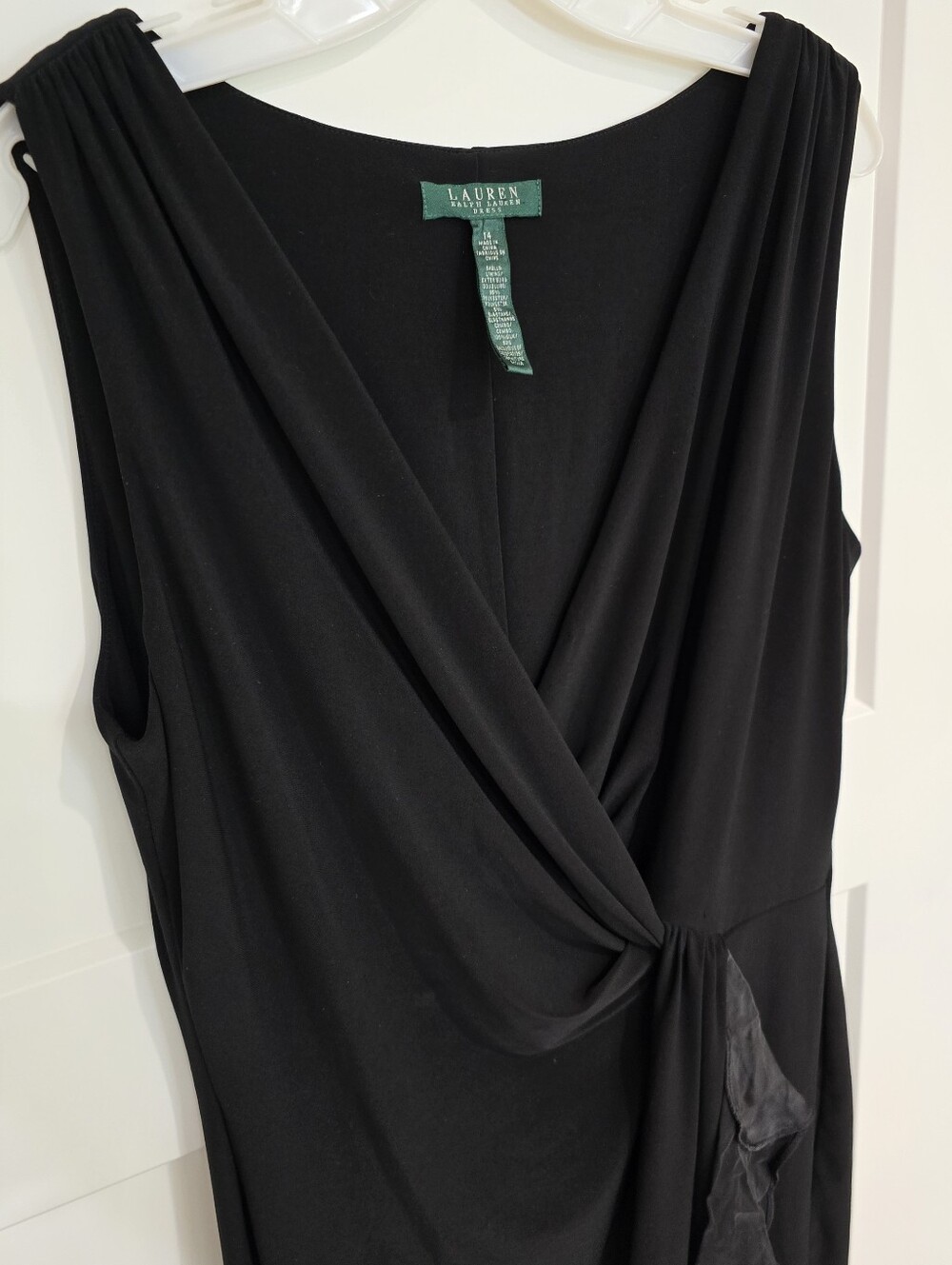 Lauren Ralph Lauren Little Black Dress Ruched V-Neck 14 Stretch Formal Cocktail